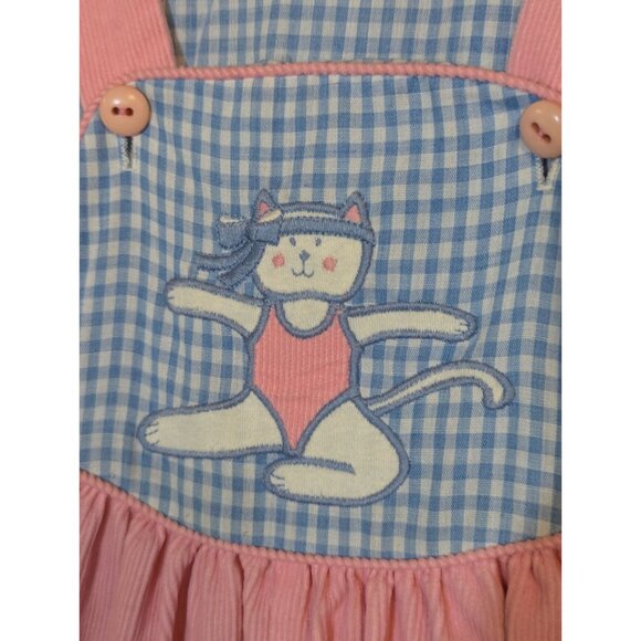 Vintage Toddle Tyke Pink Corduroy Overalls With Blue Gingham Shirt & Kitty Appli - Picture 3 of 7